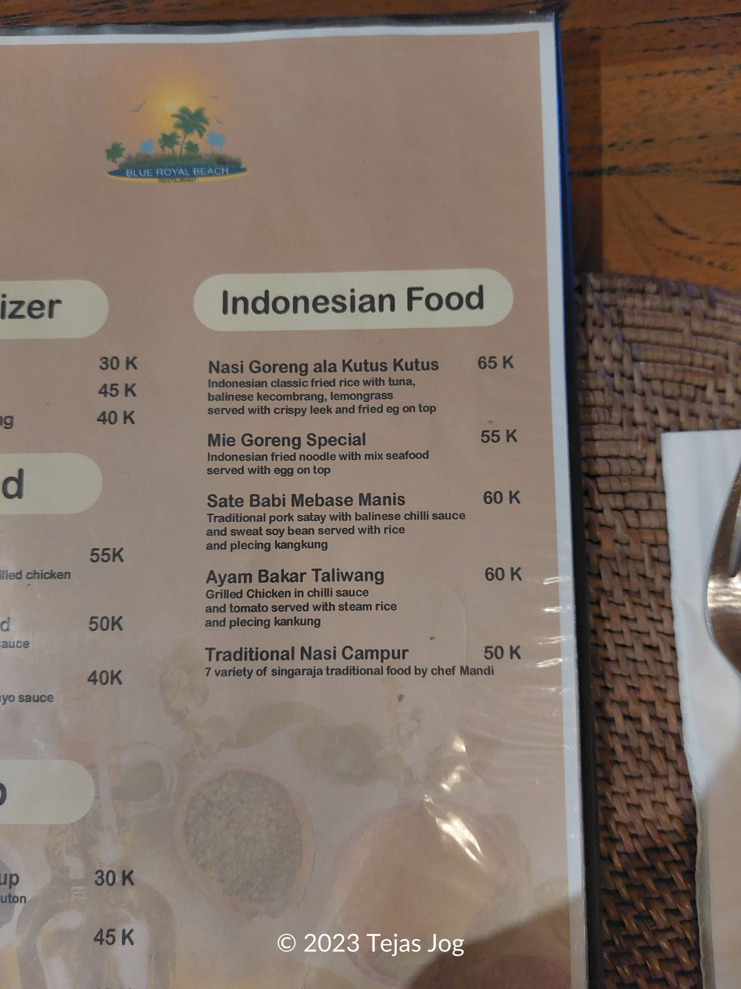 Menu at Blue Royal Beach Restaurant