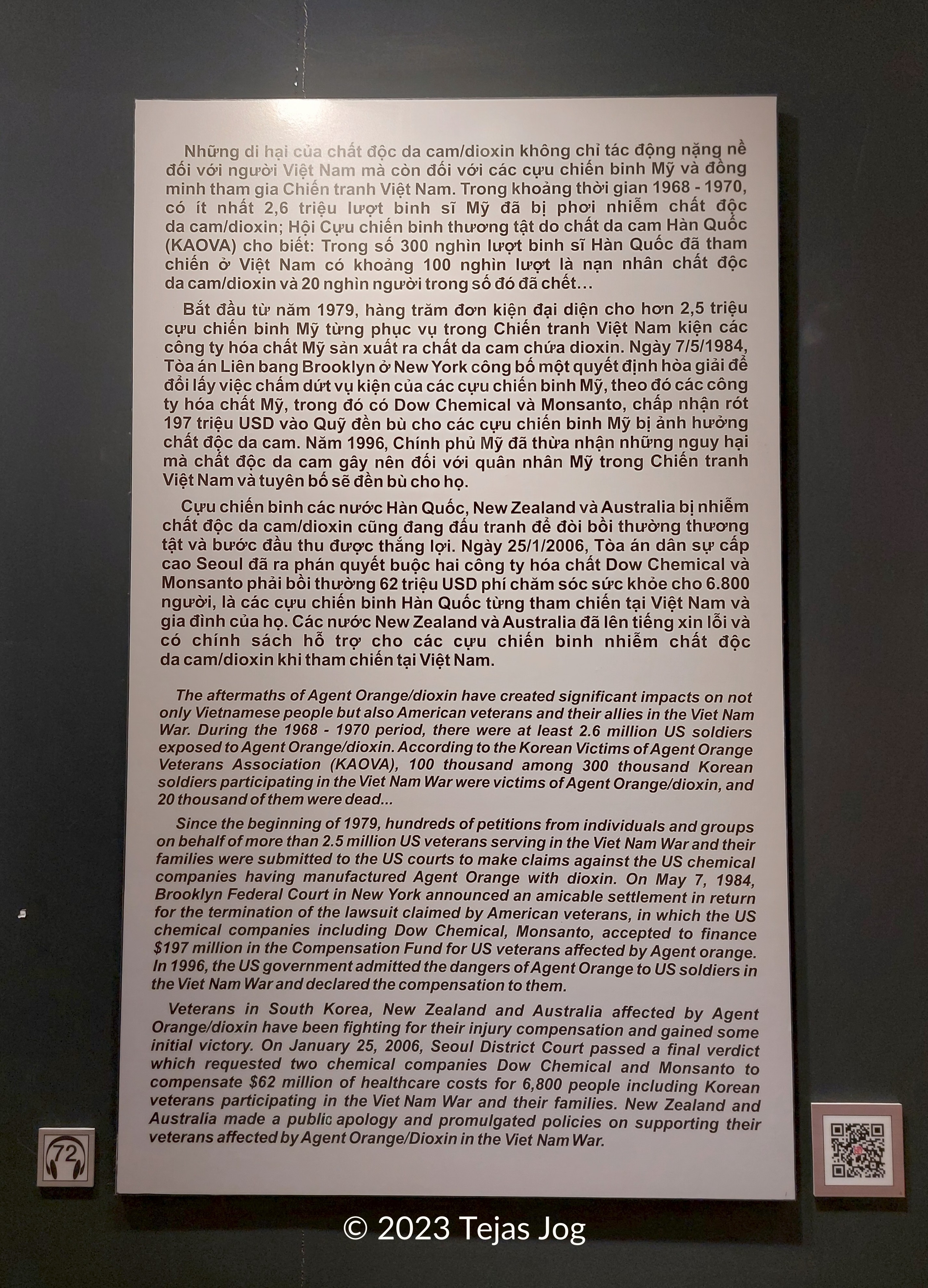 Information panel on the long-term effects of Agent Orange and legal battles