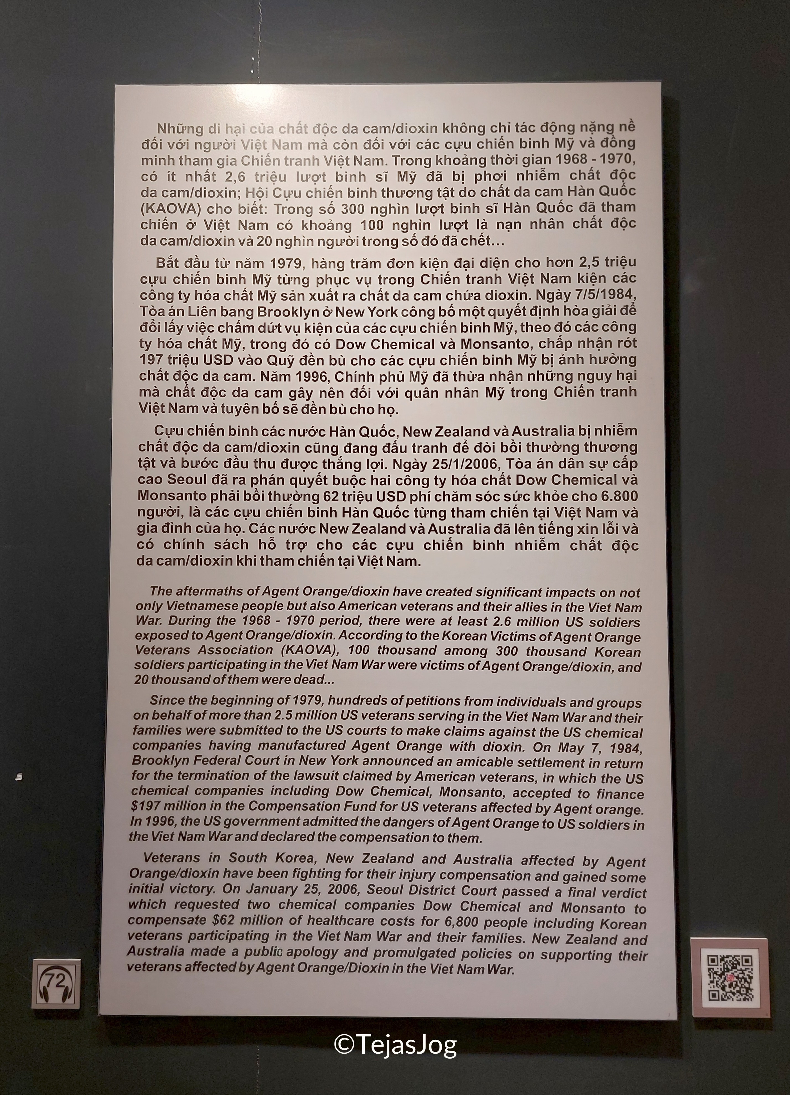 Information panel on the long-term effects of Agent Orange and legal battles