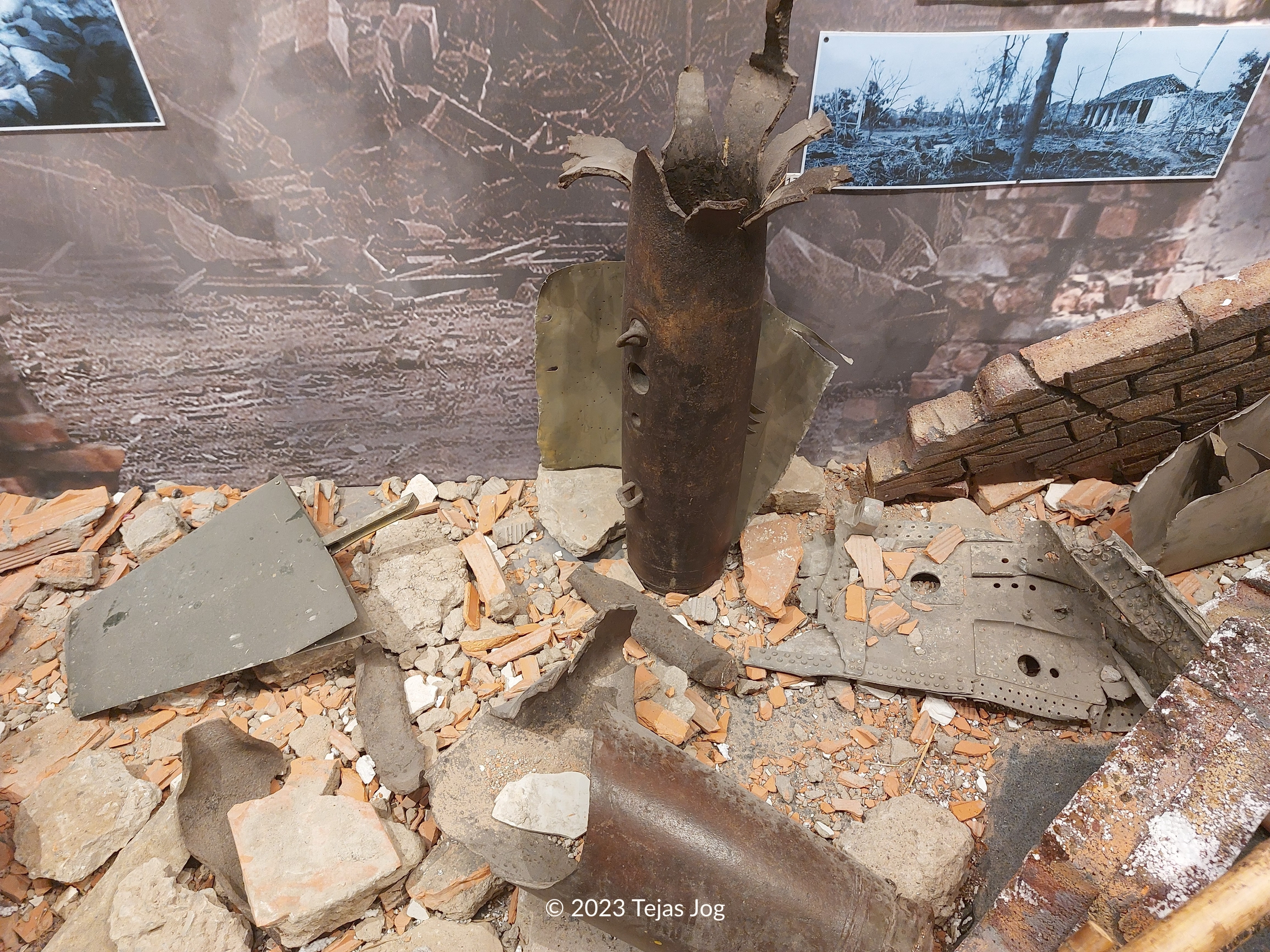 Remnants of unexploded ordnance and shrapnel on display