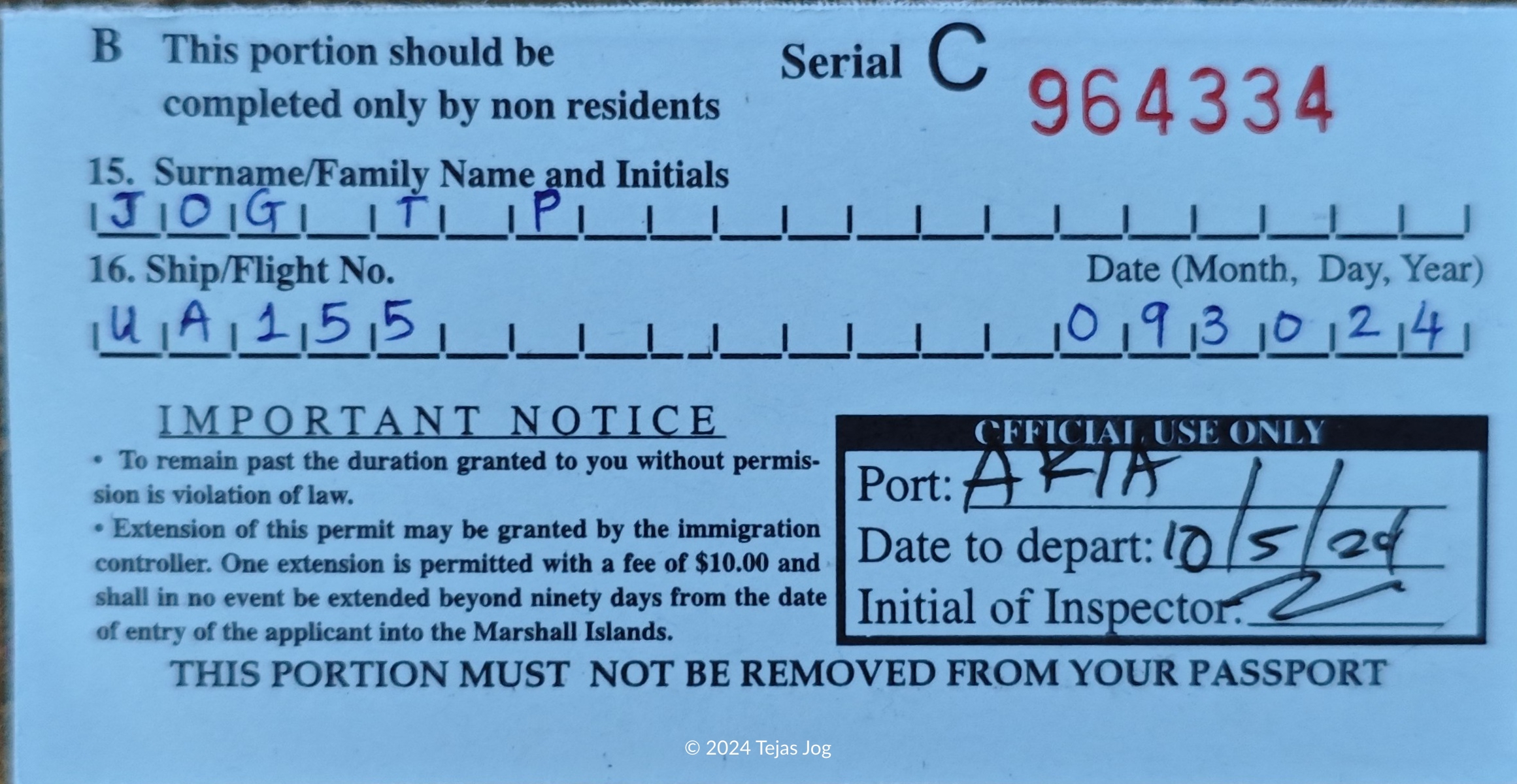 Immigration card for Marshall Islands