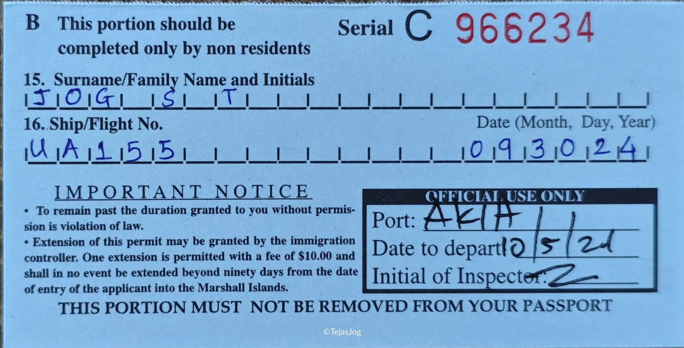 Immigration card for Marshall Islands Immigration card for Marshall Islands