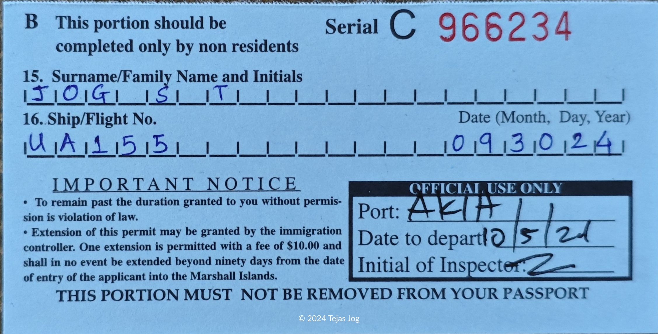 Immigration card for Marshall Islands