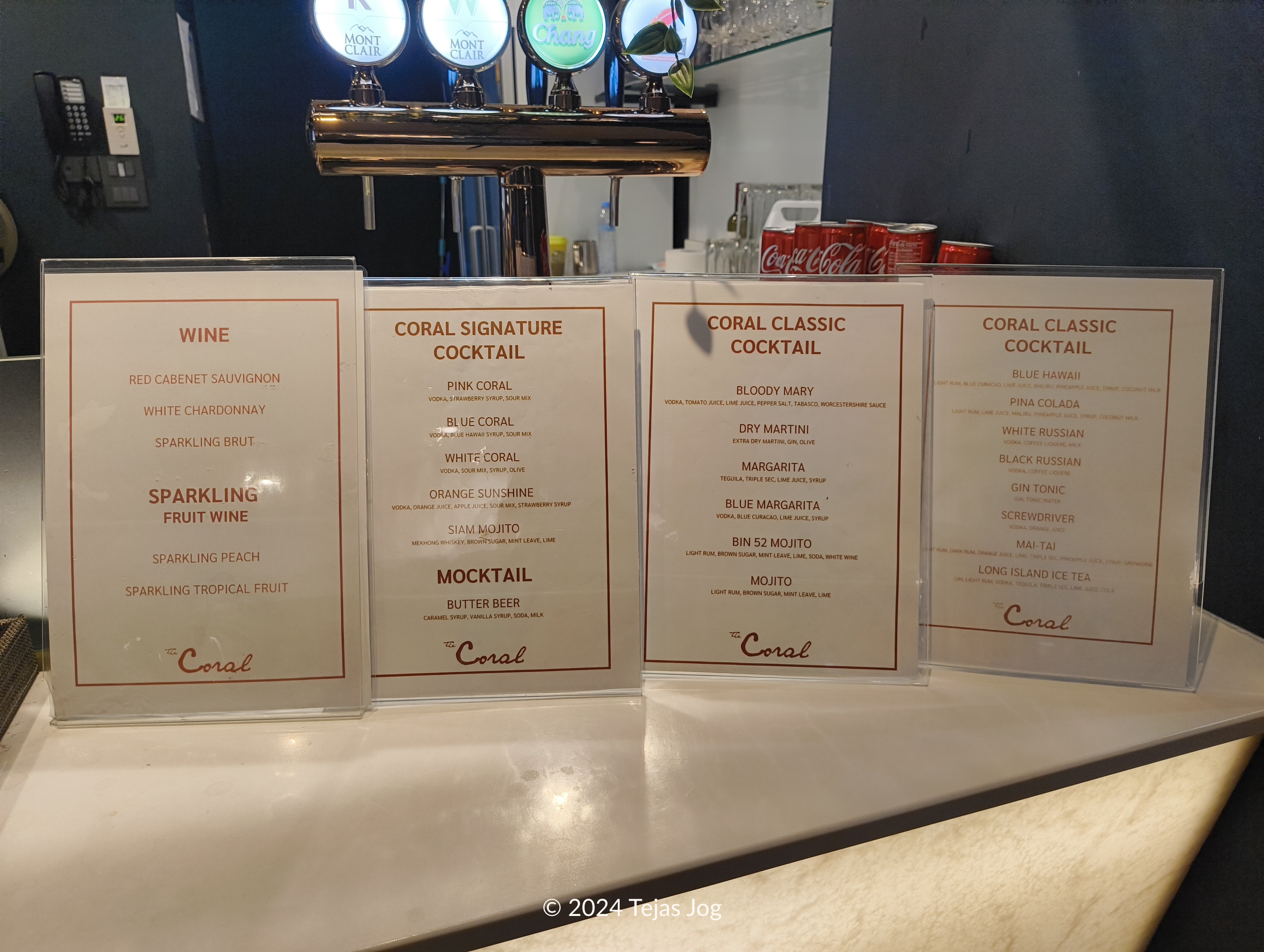 Bar menu at Coral Lounge