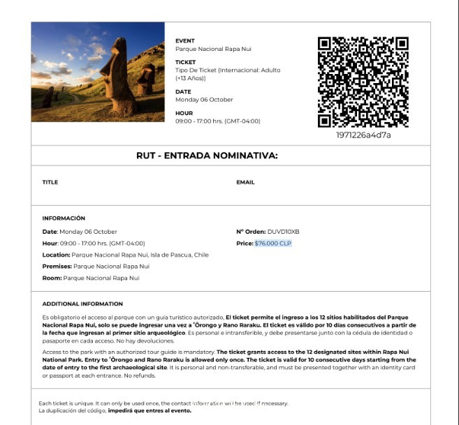 Ticket for Rapa Nui National Park