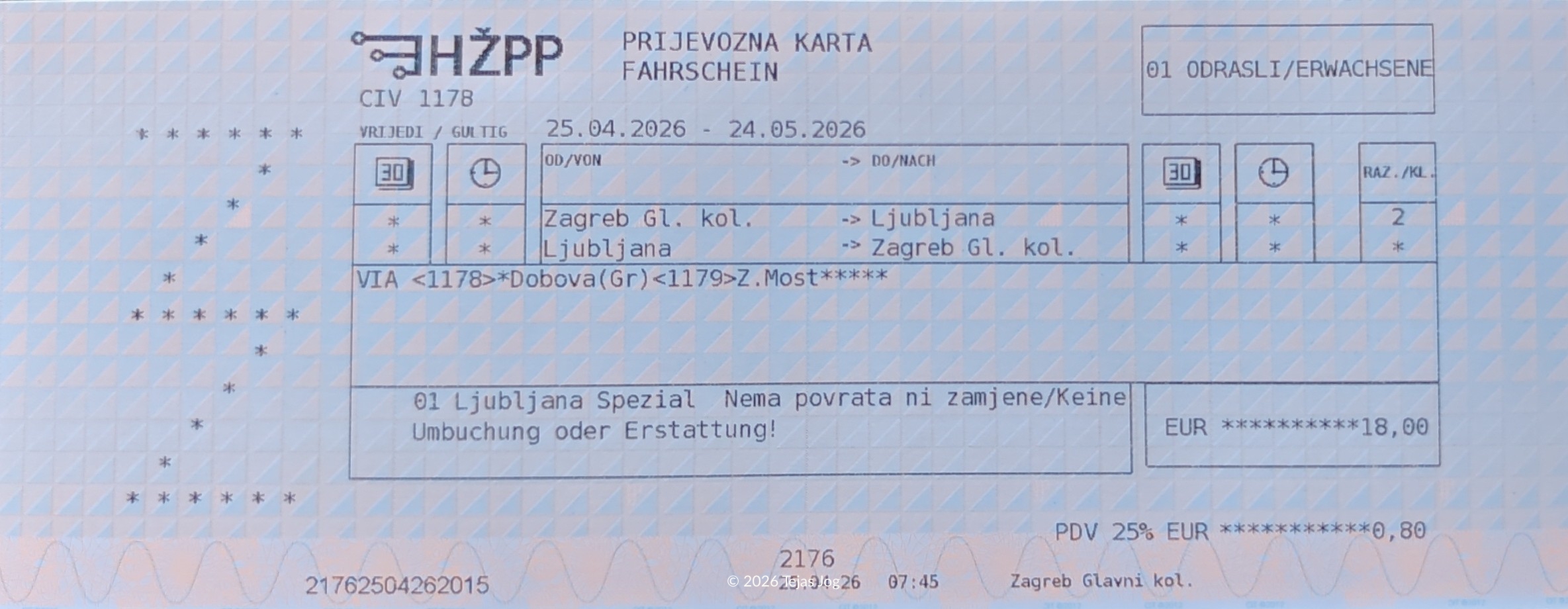 Round ticket from Zagerb to Ljubljana