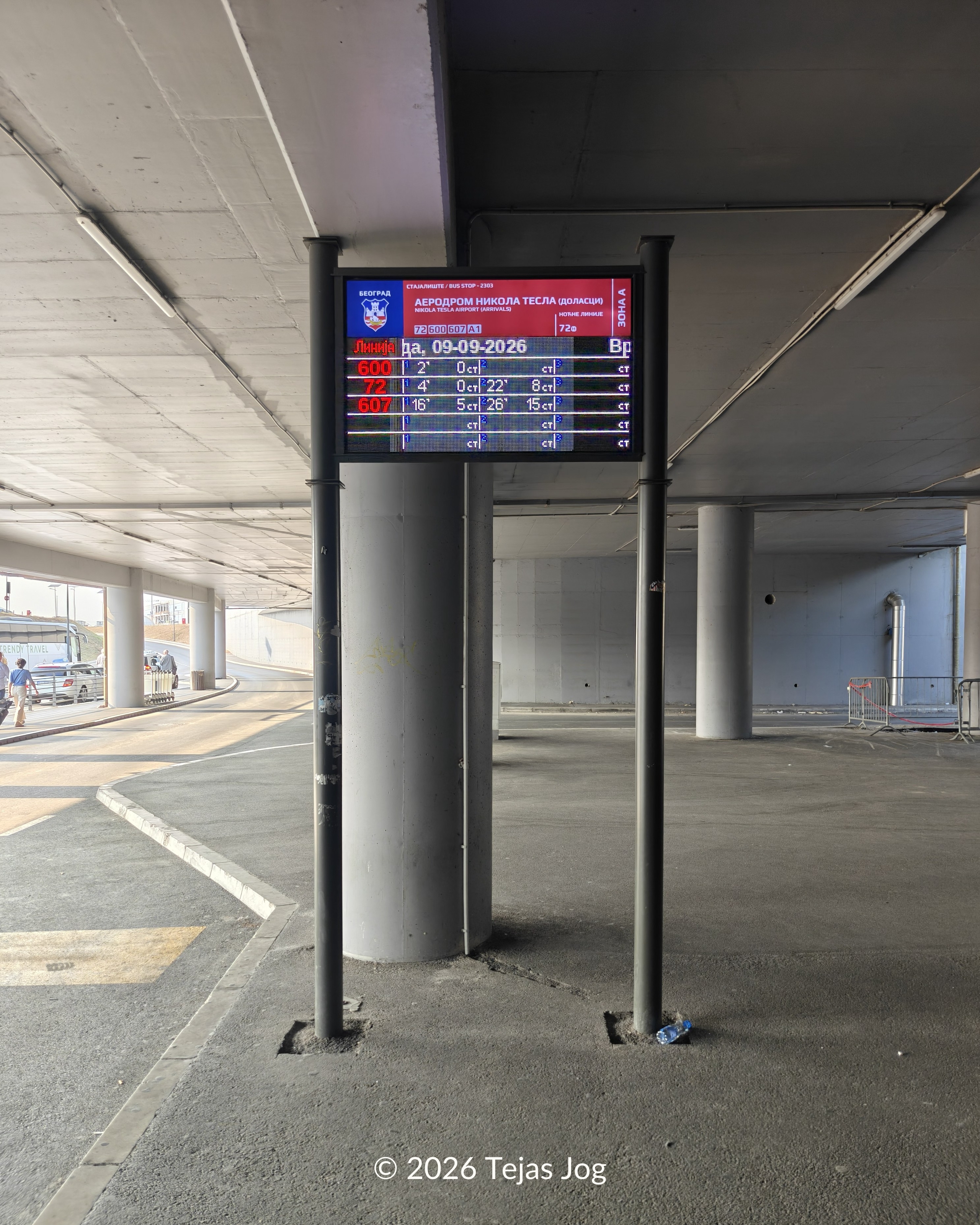 Bus stop for Bus 72 at Belgrade Nikola Tesla Airport